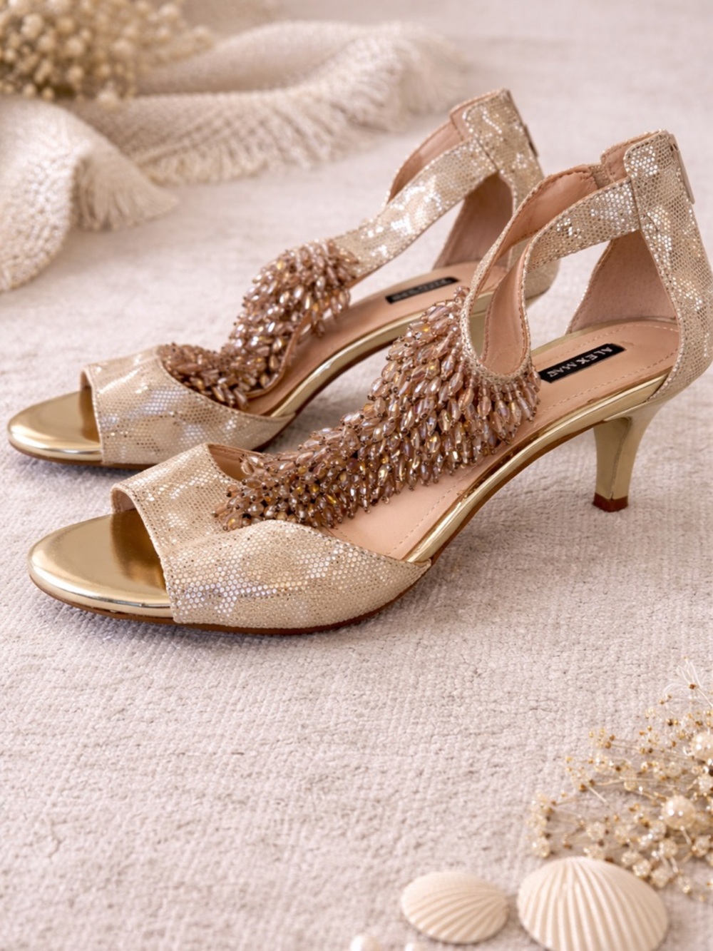 Alex Marie Gold Beaded Heels Sandals Size 7.5 NEW